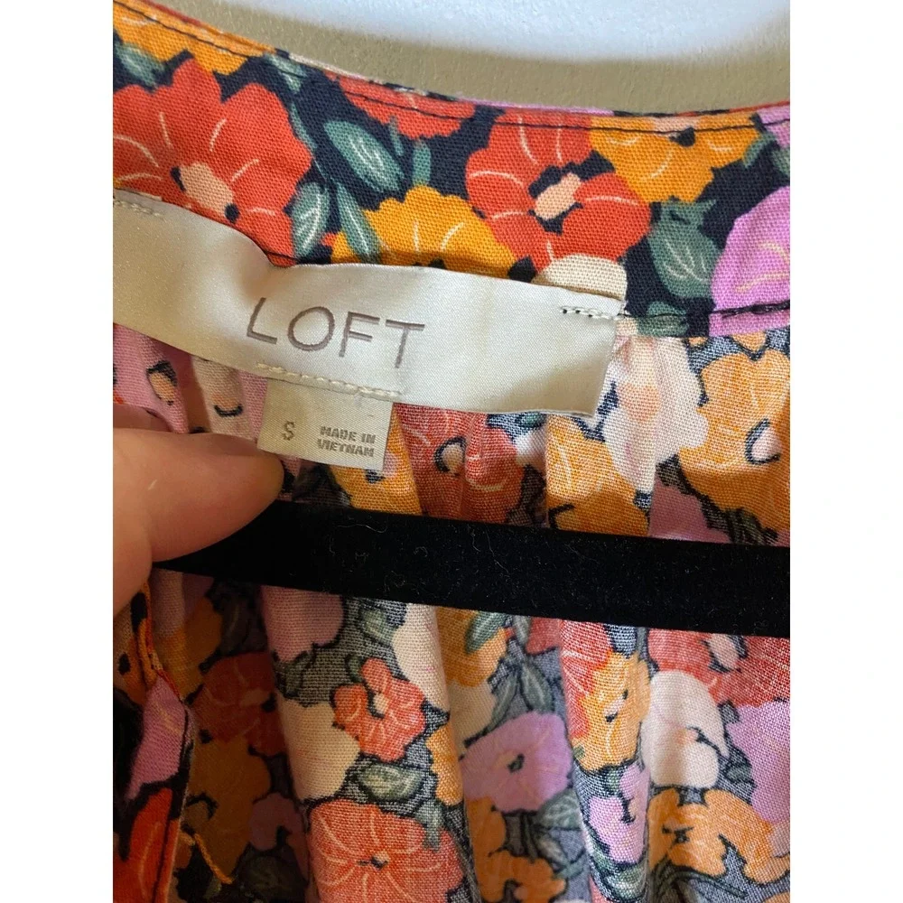 LOFT Floral Peasant Blouse Small Puff Sleeve Tie Neck Boho Cottagecore Top S